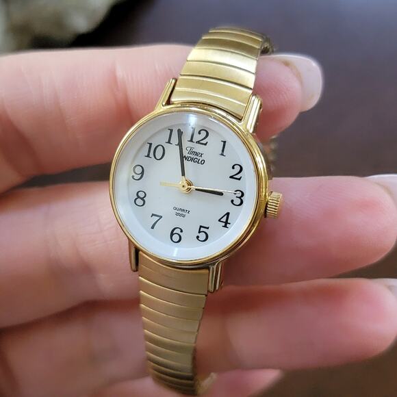 Vintage Timex Indiglo Gold Tone Quartz Watch White Dial Stretch Band Retro Style main image 6